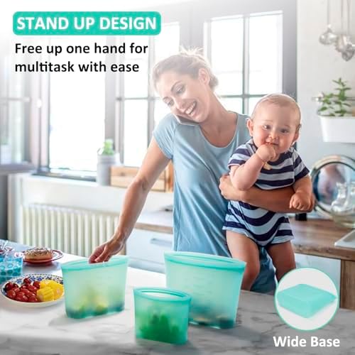 Reusable Food Bags, 12 Pack 100% Silicone Food Storage Bags Stand Up Zip Lock Container, Freezer Microwave Oven Dishwasher Safe, 4 Medium 4 Small 4 Extra Small, Aqua - Image 4