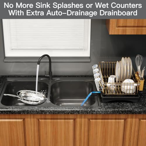 MAJALiS Gold Dish Drying Rack Over Sink with Utensil Holder, Drainboard - Image 5