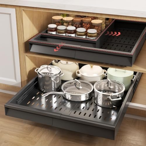 Seinloes Pull Out Cabinet Organizer, 4-Side Expandable to Fit Most Cabinets, 3 Rail Slide Out Drawers with Raising Pad for Framed & Frameless Cabinets, 13"-21" W x 17"-24" D, Black, 2 Pack by Seinloes