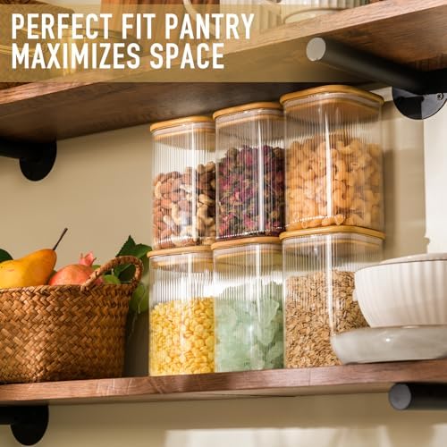 D2scrma 37oz Airtight Glass Square Storage Canisters with Bamboo Lids Set of 4 (1100ml) Striped Stackable Containers, Decorative Kitchen Jars for Tea, Nuts and Coffee (‎with Black Lable) - Image 5