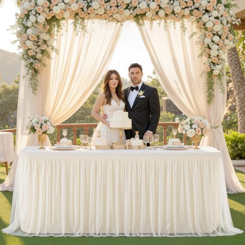2 Pack 8ft Ivory Tulle Tablecloths for Rectangle Tables, 8 Foot Ivory Rectangular Table Cloth Wrinkle Free Tablecover with Tutu Skirt for Wedding Baby Shower Birthday Party Banquet Buffet Cake - Image 4