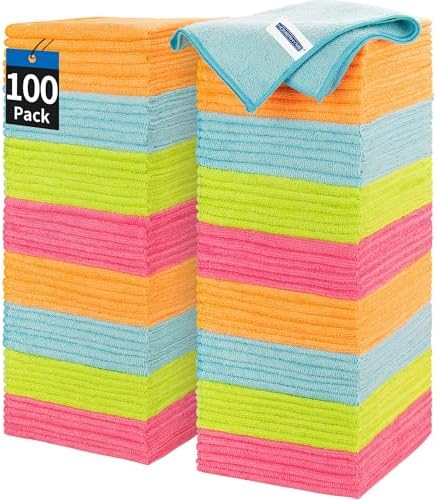 Microfiber Cleaning Cloth, 100 Pack Cleaning Rags, 12" x 12" Shop Towels, Lint Free Reusable All Purpose Microfiber Towels for Cars Kitchen House Office Automotive by HOMERHYME