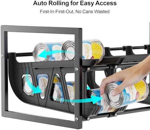 iSPECLE Pantry Can Organizer - Auto-Rolling, Expandable, Holds 120 Cans | Stackable For Walk-in Deep Pantry Shelf, Adjustable Width for Food Cans, Sturdy Metal Frame, Easy Access & Restocking, Black - Image 4