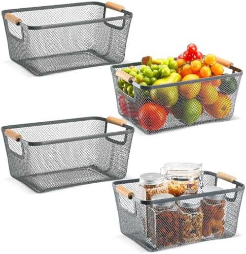 Ziliny 4 Pcs Mesh Wire Baskets for Organizing, Medium, Dark Gray | Metal Pantry Organizers with Wooden Handles, Storage Steel Bin, Kitchen Baskets for Fruit Potato Onion Snacks Bath Cabinet by Ziliny