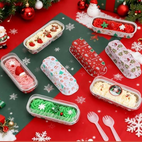 50Pack Mixcolor Christmas Mini Cake Pans with Lids and Spoons Mini Loaf Pans with Lids, 6.8Oz Aluminum Foil Pans Tins, Individual Dessert Cups Containers for Sales,Party,Picnics - Image 2