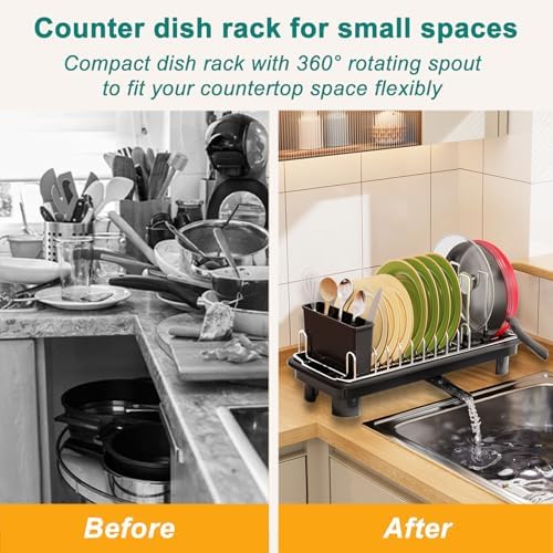 junyuan Compact Dish Drying Rack,Small Dish Rack for Kitchen Counter, Dish Drainer with 360° Rotatable Spout,Plate Rack, Dish Strainer with Cutlery Holder for Pots, Fork & Knives Space Saving - Image 5
