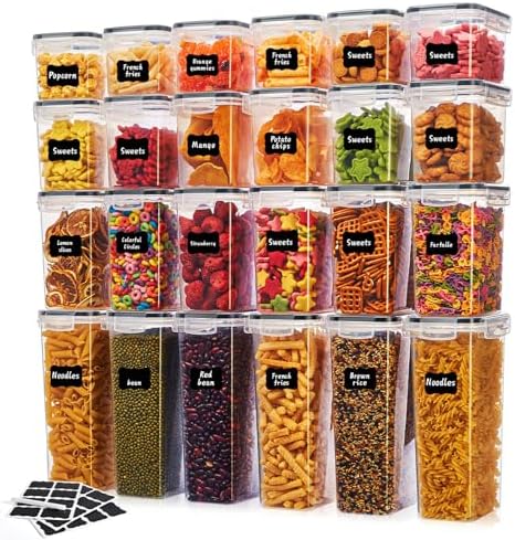 24 PCS Airtight Food Storage Containers with Lids, Plastic Kitchen and Organization Canisters for Cereal, Dry Food, Flour and Sugar, BPA-Free, PVC-Free, Includes 24 Black Labels & Marker by Asnews