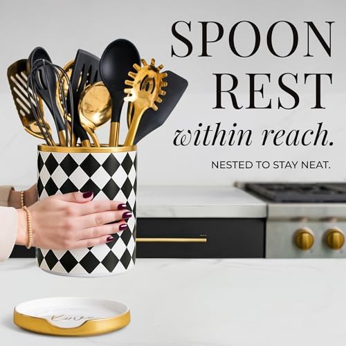 STYLED SETTINGS Black & White Checkered Utensil Holder Set | Large Ceramic Kitchen Utensil Holder for Countertop, Checkered Kitchen Decor & Organizer - Image 3