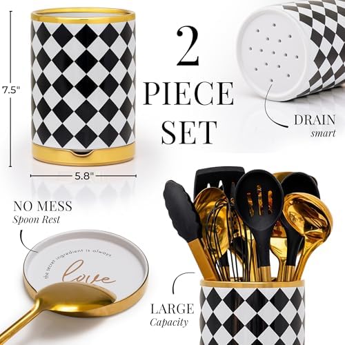 STYLED SETTINGS Black & White Checkered Utensil Holder Set | Large Ceramic Kitchen Utensil Holder for Countertop, Checkered Kitchen Decor & Organizer - Image 7