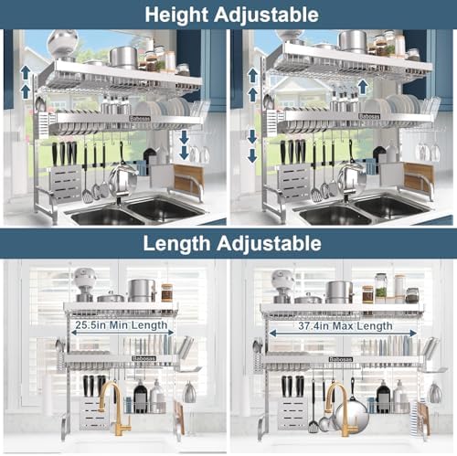 Over The Sink Dish Drying Rack,3 Tier Adjustable Length (25.5'' to 37.4'') Full Stainless Steel Large Storage Kitchen Dish Rack,For Kitchen Counter Expandable Multifunctional Organizers,Silver - Image 4