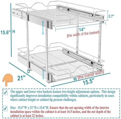 OCG 2 Tier Pull Out Cabinet Organizer (15.5" W x 21" D), Pull Out Drawers for Kitchen Cabinets, Pull Out Shelves for Base Cabinet Organization in Kitchen Bathroom Pantry, Chrome Finish - Image 4