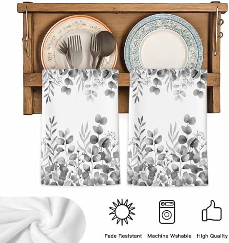 Black Eucalyptus Kitchen Towels Set of 1, Absorbent Dish Towels for Kitchen, Botanical Summer Leaves Country Floral Microfiber Hand Towel, Quick Drying Tea Towel for Cleaning Decorative Dishcloths - Image 5