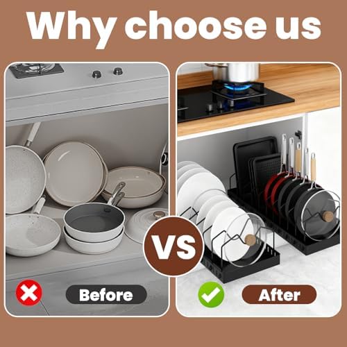 2 Pcs Pots and Pans Organizer Under Cabinet - Expandable Pull out Cabinet Organizer for Pots and Pans, Pan and Lid Organizers Inside Cabinet, Adjustable Storage Rack, Carbon Steel (Black) - Image 6