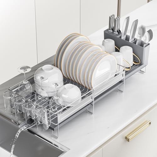 Stainless Steel Dish Drying Rack - Expandable Dish Racks for Kitchen Counter Organizer with Drain Board, Detachable Utensil & Cup Holder, Dish Drainer for Small Kitchen Counter, Grey by Pantasia