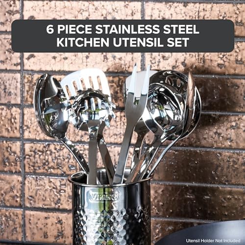 Viking Kitchen Utensils Set, 6 Piece Stainless Steel Cooking Utensil Set, Includes Spatulas, Spoons, Pasta Fork, and Deep Ladle, Hollow Forged, Silver - Image 2