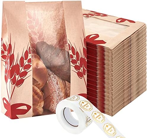 Gueevin 150 Pcs Kraft Paper Bread Bag for Homemade Bread Large Sourdough Loaf Bag with Clear Window Bakery Food Package Storage with 500 Pcs Sticker for Popcorn Cookies, 14x8.3x3.2'' by Gueevin