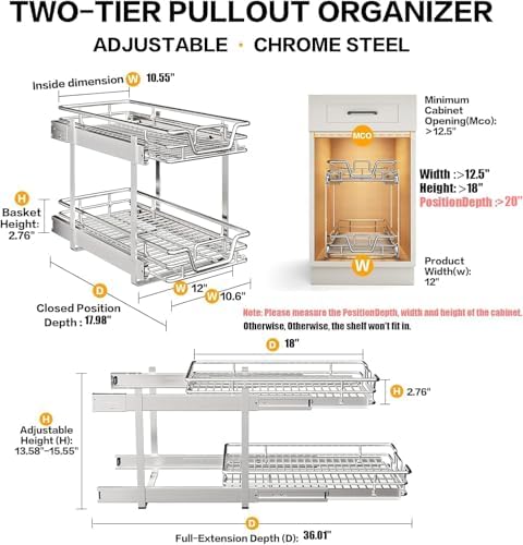 2-Tier Kitchen Cabinet,Pull Out Cabinet Organizer,Shelf and Drawer Organizer Slide Out Pantry Storaqe Basket in Multiple Sizes (12" W x21 D) - Image 2