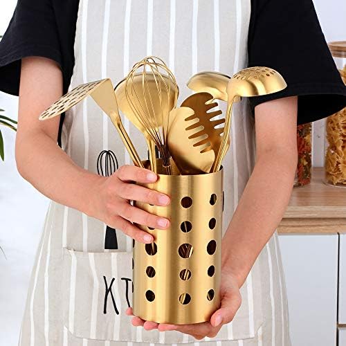 Buyer Star 18/8 Stainless Steel Kitchen Utensil Set - 7 piece Kitchen Gadgets, Small Ladle,Small Skimmer Spoon, Bread Tong, Whisk, Potato Masher, Rice Spoon and Utensil Holder(Gold) - Image 5