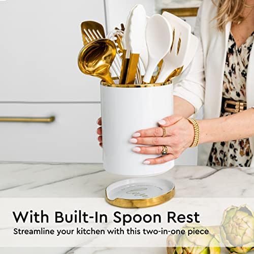 STYLED SETTINGS White Utensil Holder with Built-In Ceramic Spoon Rest | 2-Piece White and Gold Spatula Holder, Kitchen Accessory, Utensils Not Included, White & Gold - Image 2