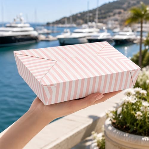 Restaurantware 49 oz Pink And White Stripe 2 Bio Box Container, 50 Ct - Image 5