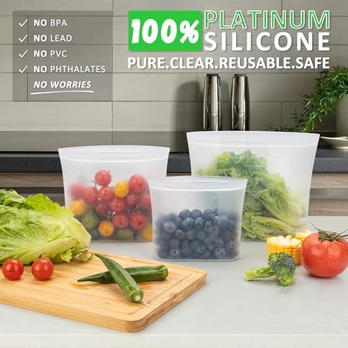 100% Platinum Silicone Reusable Storage Bags, 12 Pack, Premium Silicone Food Storage Bag Stand-Up Wide-Mouth Zip-Lock, Microwave Dishwasher Safe, 4 M + 4 S + 4 XS, Crystal-Clear - Image 2