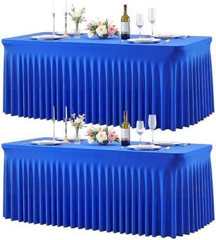 2 Pack 8ft Royal Blue Spandex Table Cloths for Rectangle Tables Wrinkle Free Rectangle Tablecloths, Stretch Fitted Table Cover with Skirt for Birthday Party Wedding Banquet Baby Shower Buffet Event by Suppromo