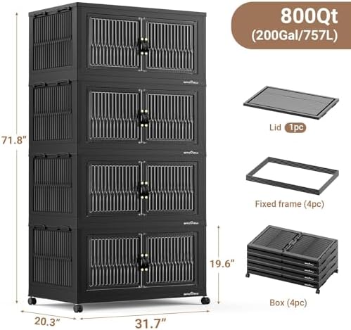 BROVIEW 800Qt Extra Large Stackable Storage Bins with Lid, Closet Organizer Collapsible Drawer Boxes with Wheels, Folding Plastic Cabinet Containers for Home Kitchen Room Organization, 4Pack Black - Image 2