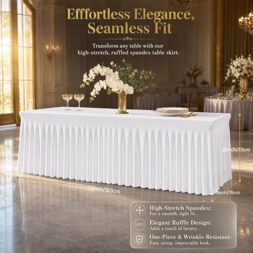 5 Pack White Stretch Spandex Tablecloths, 6ft Fitted Rectangle Table Cover with Skirt, Wrinkle Free Polyester Table Cloth for Wedding, Party, Banquet, Baby Shower, Christmas - Image 2