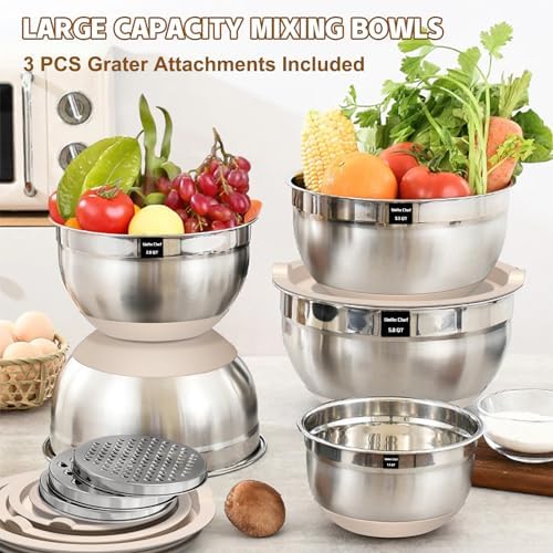 Umite Chef Mixing Bowls with Airtight Lids Set, 8PCS Stainless Steel Nesting Bowls with Grater Attachments, Non-Slip Bottoms, 5, 4, 3.5, 2, 1.5QT for Mixing & Serving - Image 5