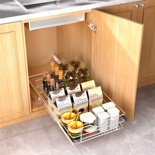 Pull Out Cabinet Organizer, (14½"W x 20" D) Soft Close Slide Out Drawer, 1 Tier Pull Out Cabient Shelf for Kitchen Base Cabinet Under Sink Space, Pantry Organization, Bathroom, Wire Basket - Image 7