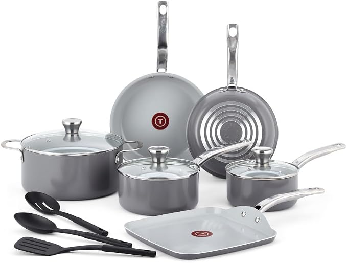 T-fal Fresh Gourmet Recycled Ceramic Non Stick Cookware Set 12 Piece, Oven Broiler Safe 500F, Lid Safe 350F, Kitchen Cooking Set W/Fry Pans, Saucepans, Dutch Oven, Utensils, Pots and Pans Set, Grey by T-falbrand