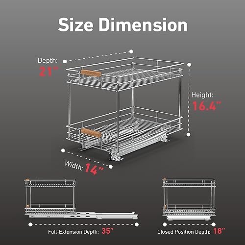 Mount Walker Pull Out Cabinet Organizer(14" W x 21" D), 2 Tier Slide Out Shelves with Wood Handle, Sliding Drawer Pull Storage Shelf for 15-1/4” Cabinet Opening, Chrome - Image 4