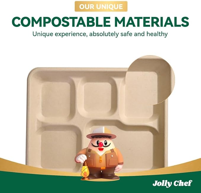 Compostable 5 Compartment 10*8.25*1 Inch 125 Pack Heavy Duty Paper Plates | Small Divided Disposable Plates White Eco-Friendly Biodegradable Food Trays for School Lunch Dinner - Image 7