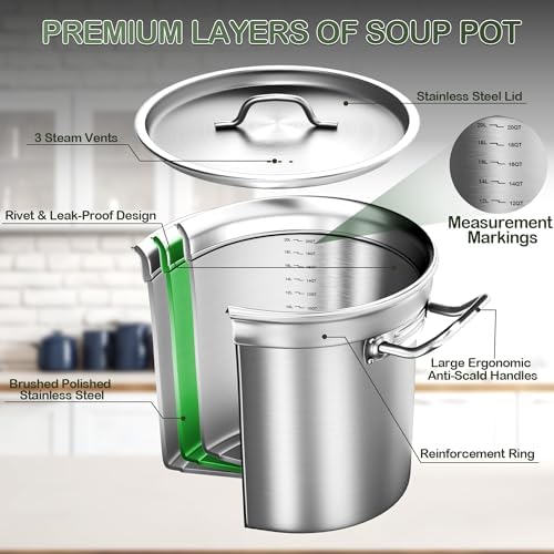 Stock Pot-20QT Stainless Steel Stockpot with Lid, Heavy Duty Tri-Ply Bottom Commercial Grade Large Stock Pot & Stockpots for Boiling Cooking Soup Stew Canning Cooking Pots,Big Stockpot, Deep Cookware - Image 5