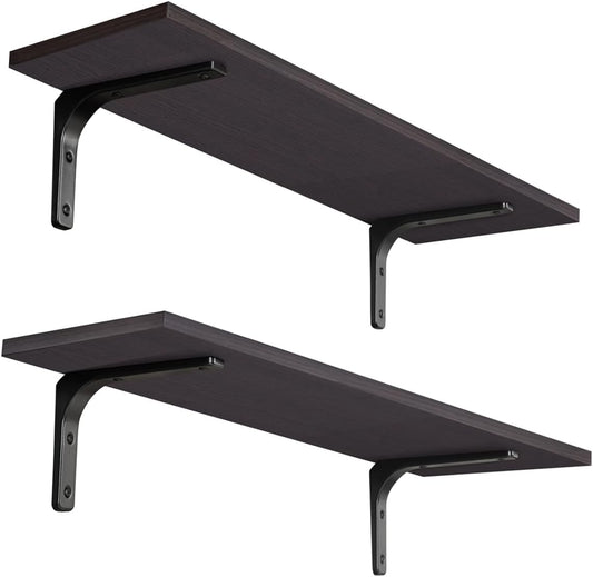 DINZI LVJ Long Wall Shelves, 23.6 Inch Wall Mounted Shelves Set of 2, Easy-to-Install, Wall Storage Ledges with Sturdy Metal Brackets for Living Room, Bathroom, Bedroom, Kitchen, Espresso