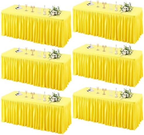PARTISKY 6 Pack Yellow Tablecloths for Rectangle Tables 6ft, Wrinkle Resistant Spandex Table Cover Fitted Stretch Table Cloth with Pleated Ruffle Skirts for Party Banquet Dining Birthday Wedding by Partisky