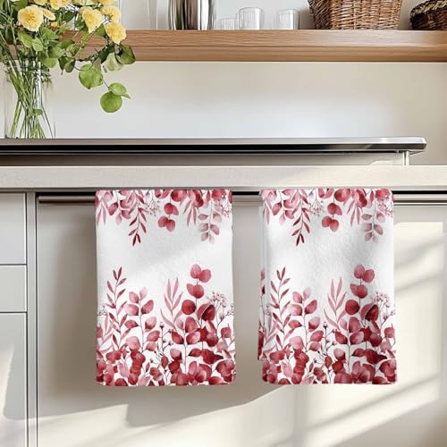 Red Eucalyptus Kitchen Towels Set of 1, Absorbent Dish Towels for Kitchen, Botanical Summer Leaves Country Floral Microfiber Hand Towel, Quick Drying Tea Towel for Cleaning Decorative Dishcloths - Image 7