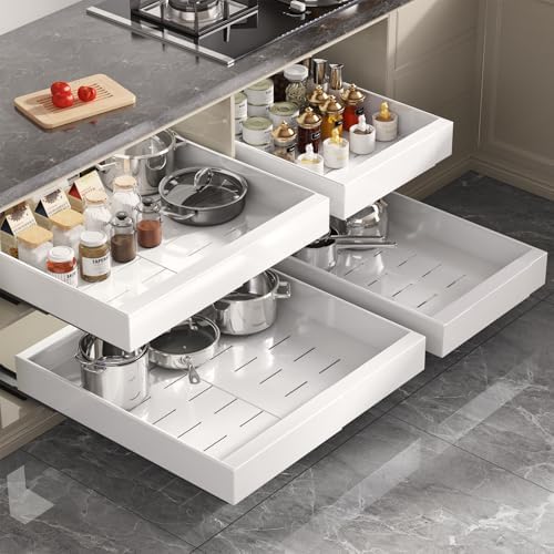 Seinloes 4 Pack Pull Out Cabinet Organizer 22" Deep,Full Extension 3 Slide Rails Slide Out Drawers With Raising Pad for Framed Cabinets,Expandable Width (12.3"-20.5"),No Drill Roll Out Shelf,White - Image 5
