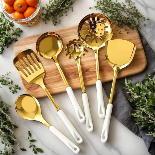 Stainless Steel Gold Kitchen Utensils Set with Holder & Spoon Rest, Durable Kitchen Accessories Includes 6 Cooking Utensils, 1 Hanging Rack,1 Ladle Holder, Easy to Clean, Modern Countertop Décor - Image 7