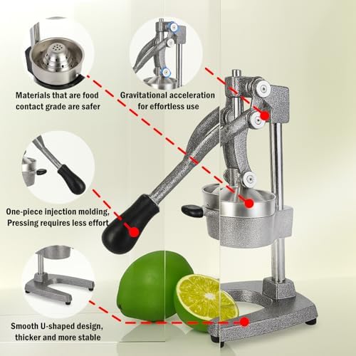 Cast Iron Juicer Hand Press – Heavy Duty Manual Citrus Juicer, Professional Orange Press, Stainless Steel Lemon Squeezer & Lime Juice Extractor (gray) - Image 2