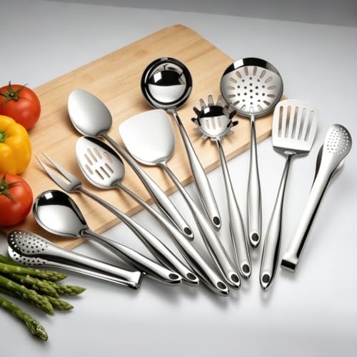 304 Stainless Steel Cooking Utensils Set, 11 PCS Long Large Metal Cooking Utensil Tools Set, Mirror Polished Kitchen Gadget Cookware and Kitchen Tool Set, Dishwasher Safe - Image 2