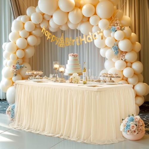 Champagne Tablecloth Rectangle Table Cover for 6 Foot Table, Champagne Tulle Table Skirt Rectangle Table 6ft Stretch Tulle Tablecloth Fitted Elastic Banquet Party Wedding Table Cloth for 6 Foot Table - Image 7