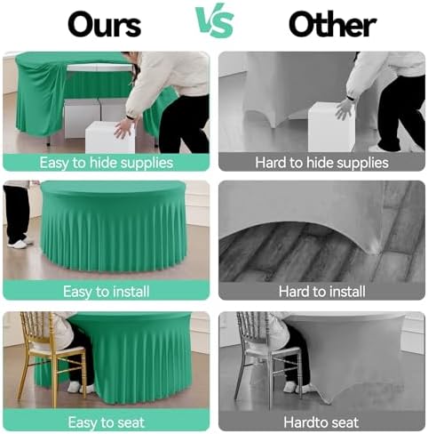 leegleri 6 Pack Emerald Spandex Round Tablecloths, Stretchy 120inch Fitted 5FT Table Cloths with Skirt for Wedding Party Dining Banquet - Image 3