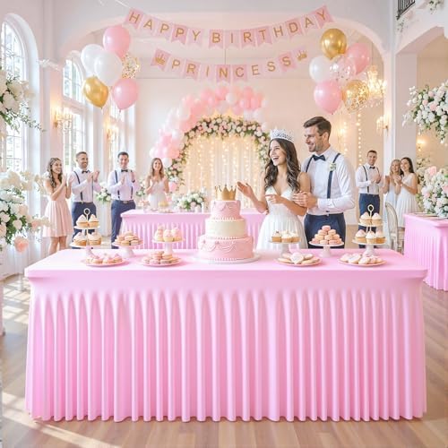 gogoparti 2 Pack Spandex Pink Fitted Table Cloth for 6ft Rectangle Tables Pink Stretch Tablecloth Table Covers Banquet Table Clothes Wrinkle Free Table Skirt for Parties Wedding - Image 4