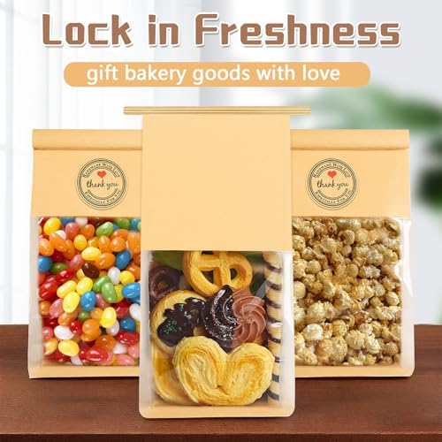 50 Pack Cookie Bags with Seal, 8.2x3.9x3.1 Inch Tin Tie Tab Lock Bakery Bags with Window Resealable Paper Packaging Bag for Muffin, Granola, Candies, Scone, Brownie, Included 50 Thank You Stickers - Image 5