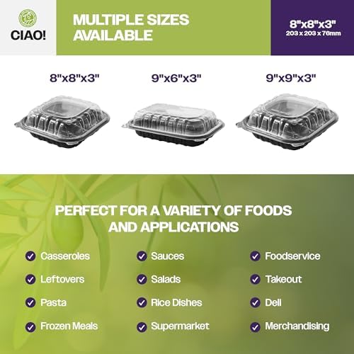 CIAO! 8"x8"x3" Polypropylene Black bottom with Clear Lid Hinged Container 1 Compartment Take Out Container, Microwavable, Recyclable and Reusable, (Case of 150) - Image 5