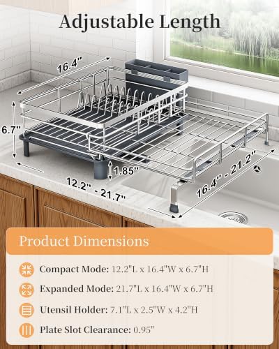 Expandable Dish Drying Rack for Kitchen Counter, Stainless Steel, Silver - Image 2