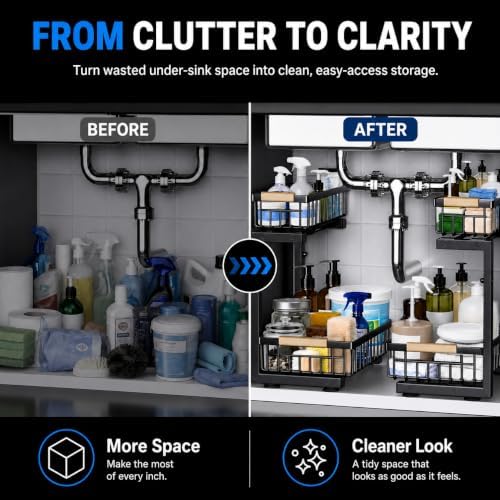 Under Sink Organizer 2 Pack, Double Slide Out Metal Shelf, Black - Image 3