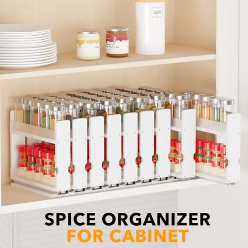 SpaceAid Bamboo Pull Out Spice Rack Organizer for Cabinet, Heavy Duty Slide Out Seasoning Kitchen Pantry Sliding Vertical Organization, 7.6" Wide, 3 Drawers(2" Wide), 2-Tier, White - Image 6
