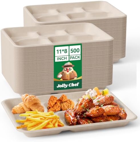Compostable 5 Compartment Paper Plates 11*8 Inch 500 Pack Divided Plates | Natural Disposable Heavy Duty Eco-Friendly Biodegradable Food Tray for Party Lunch Dinner Christmas 500 Count (Brown) by JOLLYCHEF
